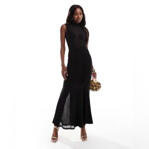 ASOS DESIGN Sz 4 Black Mesh Panel Fabric Mix Maxi Dress Ruched Bottom High Neck
